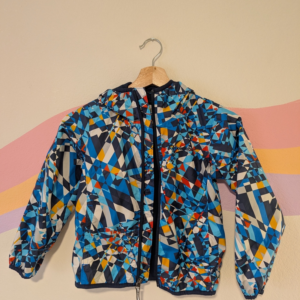 Columbia Blue and Red Geometric Kids Raincoat